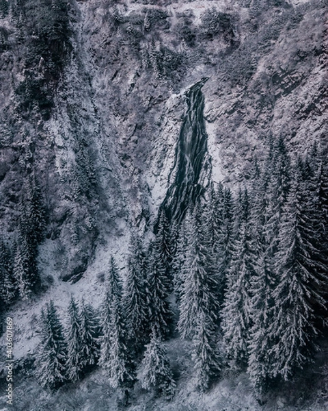 Obraz snow covered forest and waterfall