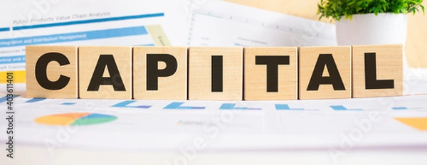 Fototapeta CAPITAL word on wooden cubes. The background is a business graphs. Business and finance concept