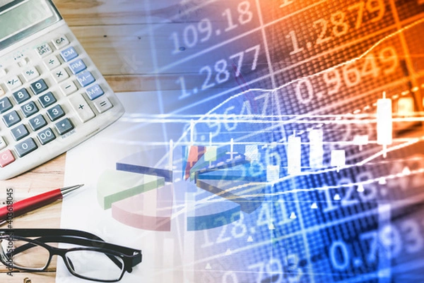 Fototapeta Fundamental and technical analysis for professional technical trading as concept. Digital graph of financial instruments with some indicators including of MACD. EMA and the volume analysis.