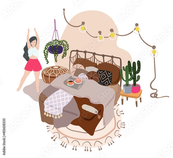 Fototapeta Stay home morning routine vector drawing with boho interior design and yoga girl