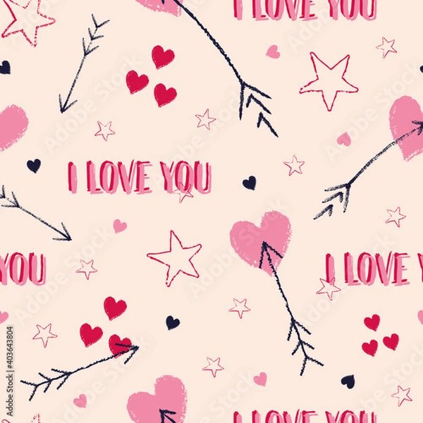 Fototapeta Vector pink ecru heart star arrow seamless pattern