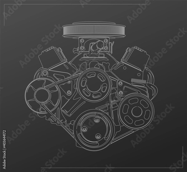 Fototapeta Realistic V8 engine with contour lines, vector illustration.