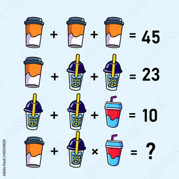 Fototapeta Mathematical riddle, educational game for children and adults, rebus.Riddle for the mind. Riddle with numbers. Vector. Mathematical rebus. Result. Crossword for social networks