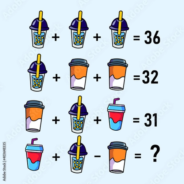 Fototapeta Mathematical riddle, educational game for children and adults, rebus.Riddle for the mind. Riddle with numbers. Vector. Mathematical rebus. Result. Crossword for social networks