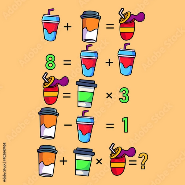 Fototapeta Mathematical riddle, educational game for children and adults, rebus.Riddle for the mind. Riddle with numbers. Vector. Mathematical rebus. Result. Crossword for social networks