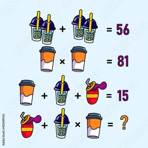 Fototapeta Mathematical riddle, educational game for children and adults, rebus.Riddle for the mind. Riddle with numbers. Vector. Mathematical rebus. Result. Crossword for social networks