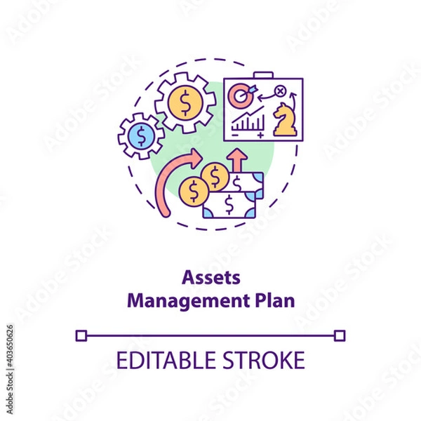 Fototapeta Assets management plan concept icon. AM benefit idea thin line illustration. Calculating life-cycle costs. Long-term financial planning. Vector isolated outline RGB color drawing. Editable stroke