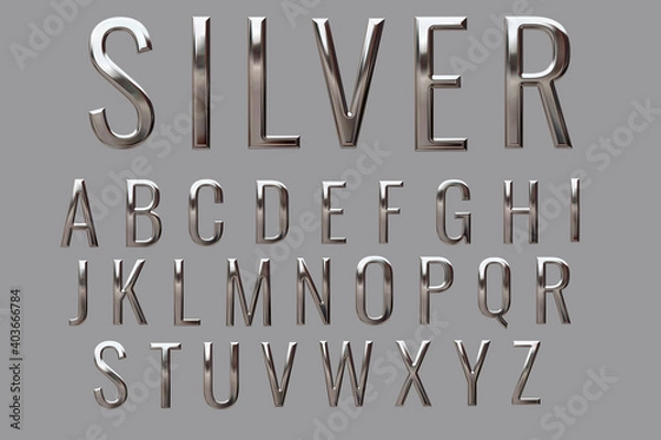 Obraz Alphabet letter set with glossy metal texture (chrome, steel, silver) isolated on grey background, 3D rendering, premium uppercase font design for poster, banner, invitation