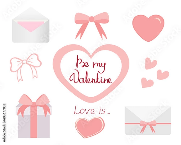 Fototapeta Set of elements for Valentine's Day. Cute bows, hearts, envelopes, gift box and lettering. Elements for your design and decoration isolated on white background. Be my Valentine. Vector illustration.