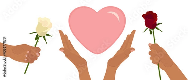 Fototapeta Set of elements for Valentine's Day. Hands holding roses and heart. Elements for your design and decoration isolated on white background. Vector flat illustration