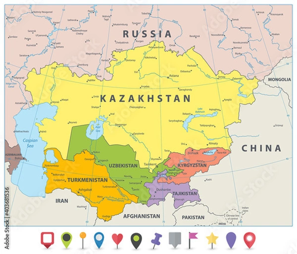 Obraz Central Asia Political Map and flat map icons