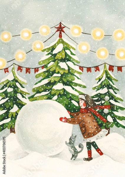 Obraz Watercolor Christmas illustration. Girl with a snow globe. They make a snowman with a cat. New year's eve with snowflakes. Christmas theme, illustrations for postcards, posters and other Souvenirs.