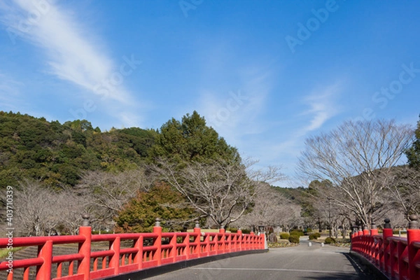 Fototapeta 万之瀬川にかかる橋の赤い欄干	