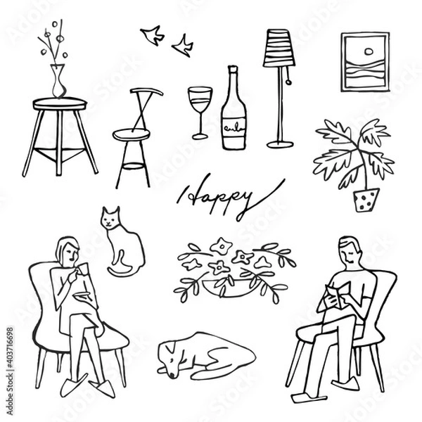 Fototapeta ステイホームを楽しむ男女のイラスト