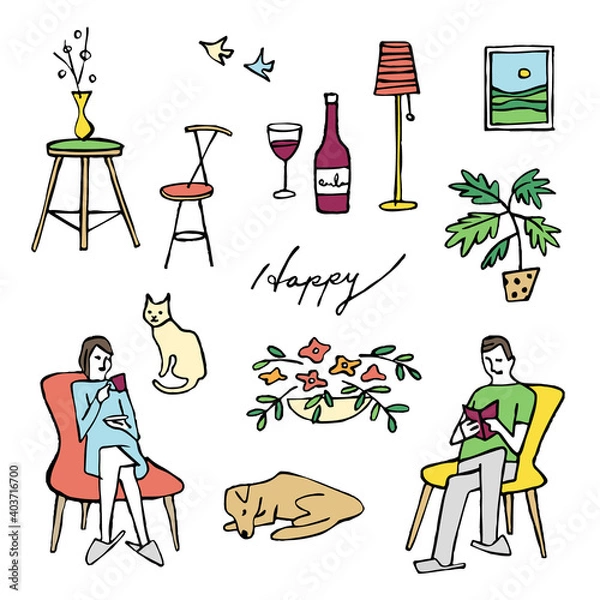 Fototapeta ステイホームを楽しむ男女のイラスト