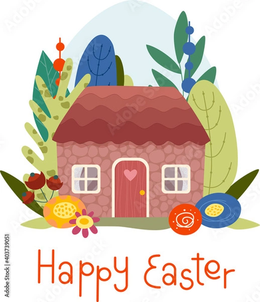 Obraz Easter card with a cute house in flowers. Vector Easter illustration hand-drawn in cartoon style.