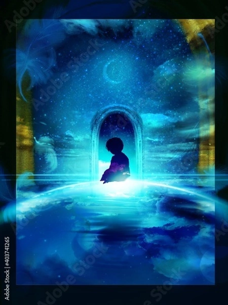 Fototapeta Silhouette of sitting child boy on bluely planet in the space with flying feathers