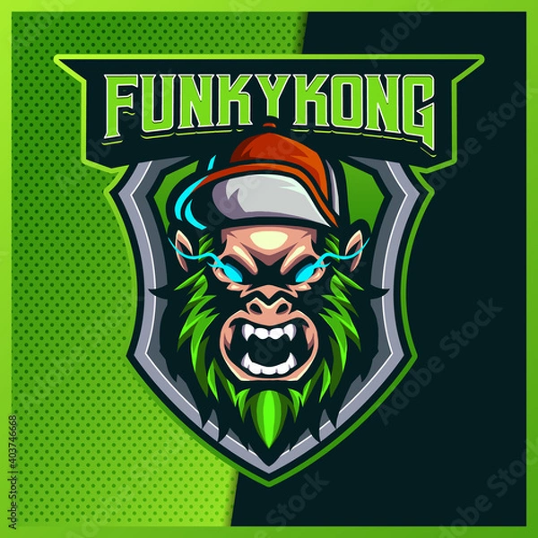 Fototapeta Funky Kingkong with hat esport and sport mascot logo design with modern illustration concept for team, badge, emblem and t-shirt printing. Monkey illustration on isolated background. Premium Vector