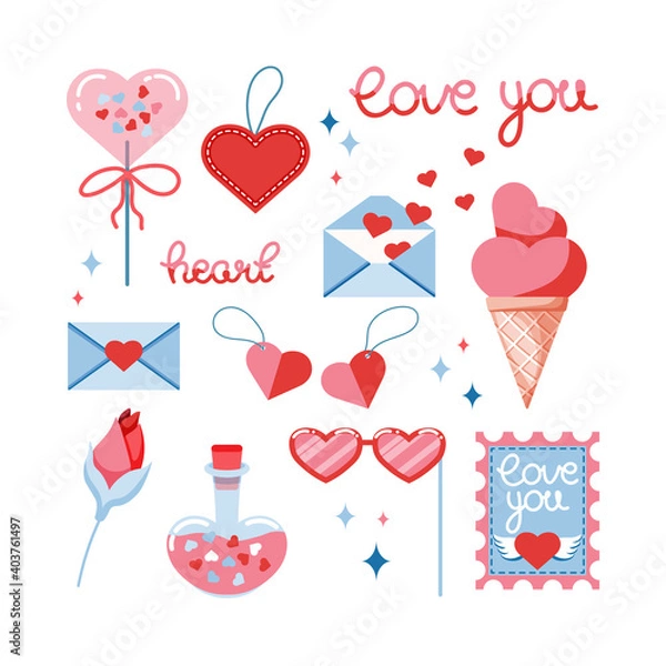 Fototapeta Set of vector elements for Valentine's Day. Kit of love icons. Isolated elements on a white background. Candy heart, glasses, rosebud, heart-shaped ice cream, love stamp, love potion