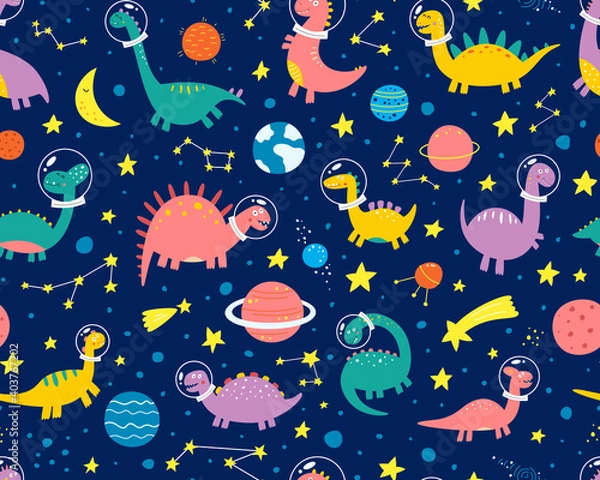 Fototapeta Funny dinosaurs in a spacesuit in space with planets. Pattern. Vector illustration