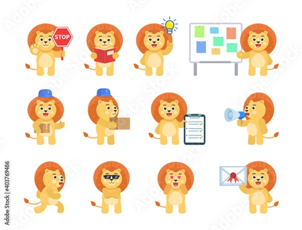 Fototapeta Set of cute lion character showing various actions, poses. Cartoon lion holding stop sign, parcel box, letter, reading book, running and showing other actions. Vector illustration