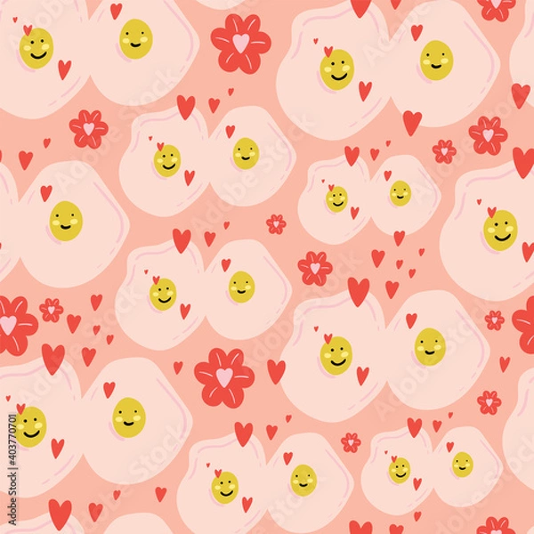 Fototapeta Seamless vector pattern with hearts and cute omelette. Love background for Valentine's day. Seamless bright romantic design for fabric or wrap paper.