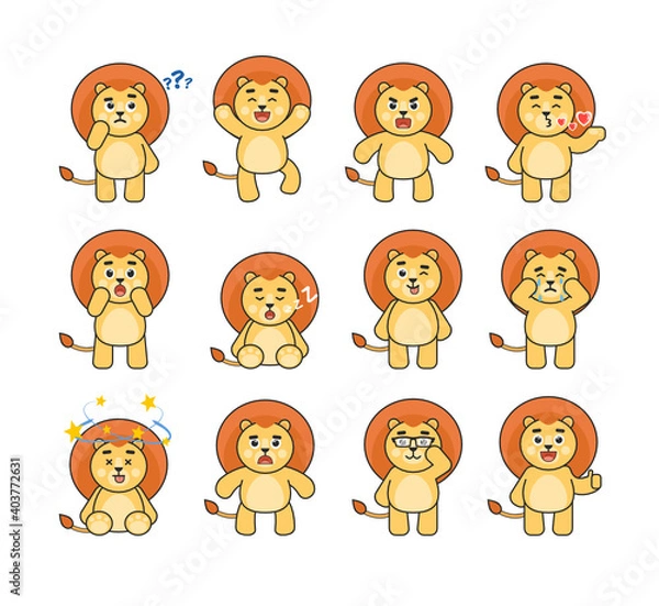 Fototapeta Set of cute lion character showing various emotions, poses. Cartoon lion thinking, crying, sleeping, angry and showing other expressions. Vector illustration