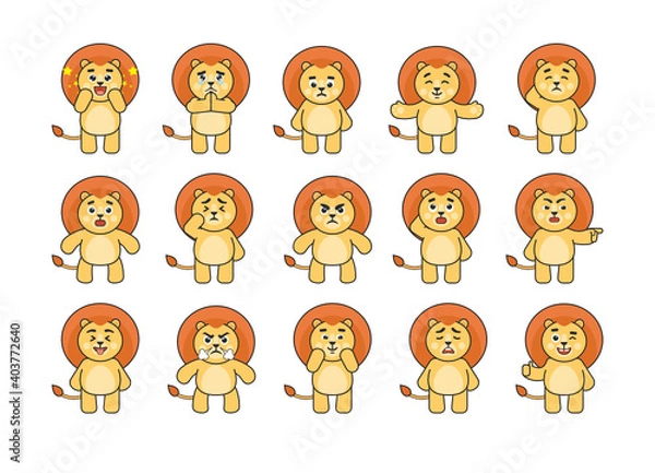 Fototapeta Set of cute lion characters showing various emotions. Cartoon lion crying, begging, sad, angry, suspicious, happy and showing other expressions. Vector illustration