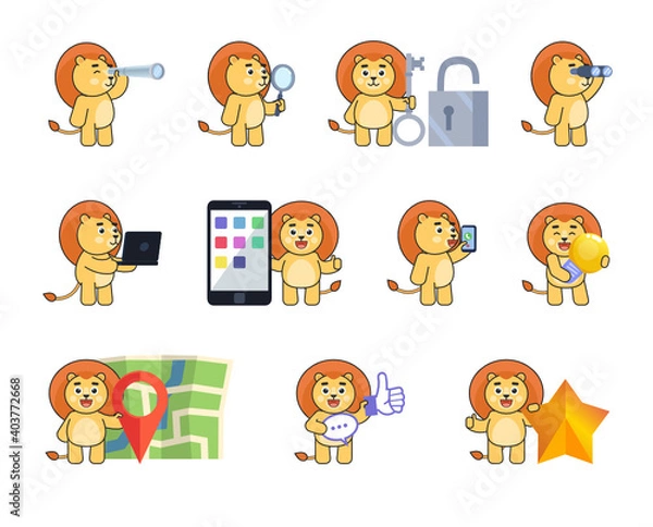 Fototapeta Set of lion characters in various situations. Cute lion mascot holding spyglass, magnifier, binoculars, laptop, idea bulb, talking to phone and showing other actions. Vector illustration
