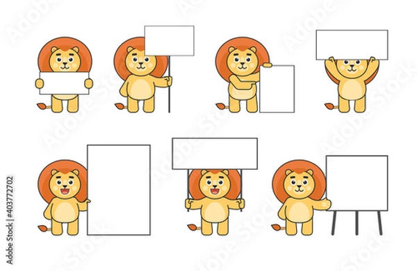 Fototapeta Set of cute lion characters posing with various blank banners. Advertise or promote concept. Vector illustration bundle
