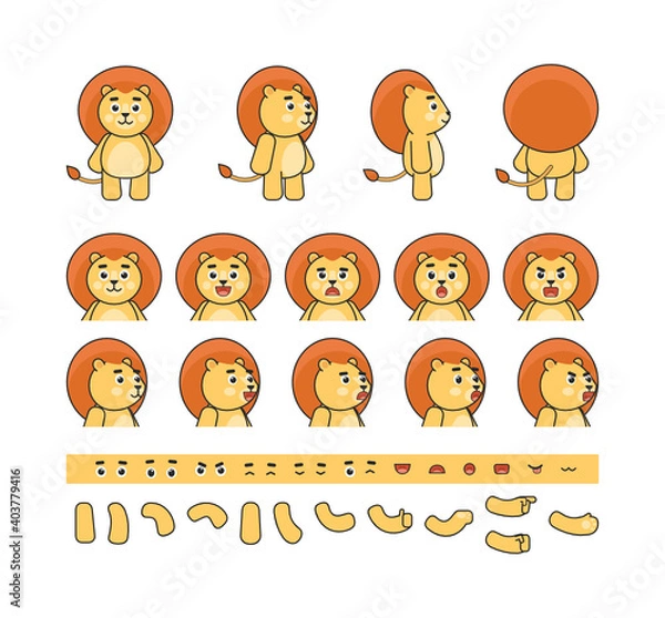 Fototapeta Cartoon cute lion character creation kit. Create your own pose, action, animation. Vector illustration