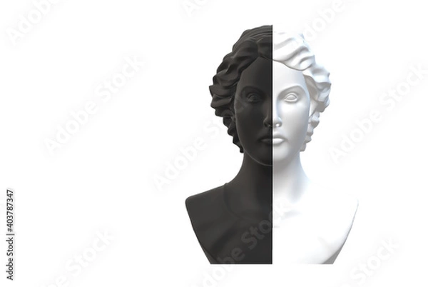 Fototapeta bipolar split personality concept. Bust of female in two colours black and white on white background. 3D render