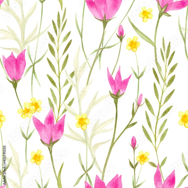 Obraz Watercolor flowers meadow summer seamless pattern