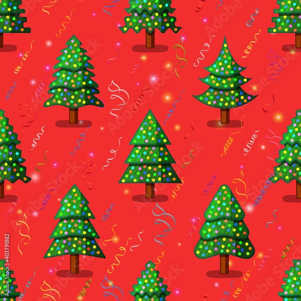Fototapeta Christmas Seamless Background for Holiday Design, Green Fir Trees with Decoration, Red Tile Holiday Pattern with Stars and Serpentine. Vector