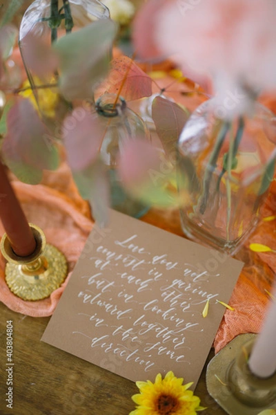 Fototapeta table setting for autumn wedding with candles