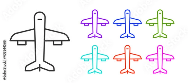 Fototapeta Black line Plane icon isolated on white background. Flying airplane icon. Airliner sign. Set icons colorful. Vector.