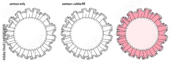 Fototapeta Set of hand drawn cute round frames with textile ruffles, lace and seam. Colored isolated decorative copy space vector illustration	