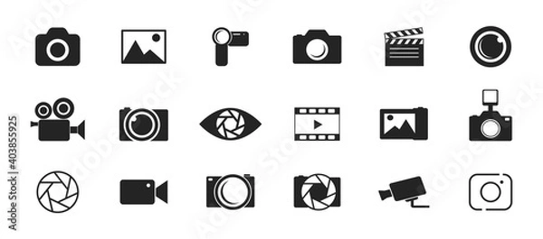 Obraz Photo and video icon set. Icons of photography, image, photo gallery, video camera and photo camera. Diaphragm icon. image, photo gallery Vector illustration.