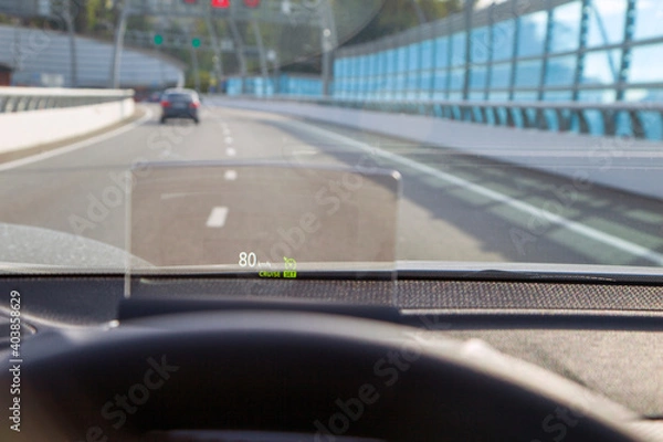 Fototapeta speed control projection screen in a modern car, The projection on the windshield of a car. Head-up display