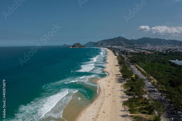 Fototapeta Kiosk at Praia da Barra da Tijuca, Recreio and Grumari in Rio de Janeiro, Brazil. Aerial View from Drone; Amazon rainforest in Rio