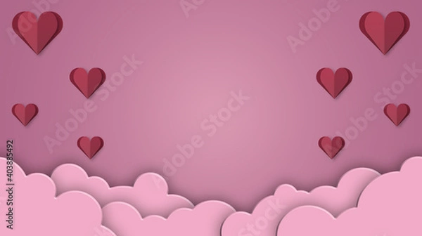 Fototapeta Valentine's day background with red hearts papercut and clouds. Valentine's Day holiday. Day of Love. Concept for background on brochure, banner, poster. 3D rendering