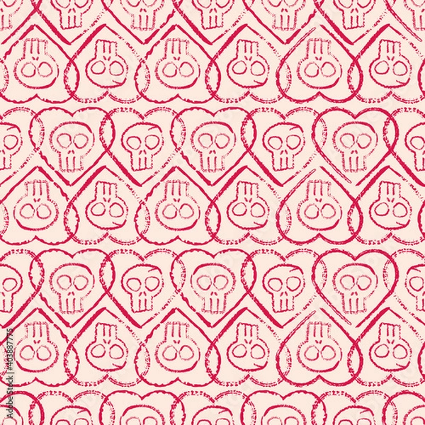 Obraz Vector red doodle hearts skulls seamless pattern