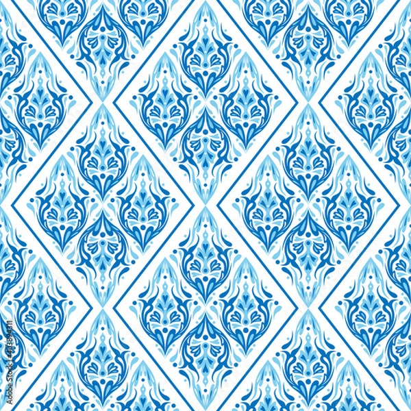 Obraz Damask blue geometrical seamless pattern. Vintage floral seamless background. Print for textile and wallpaper