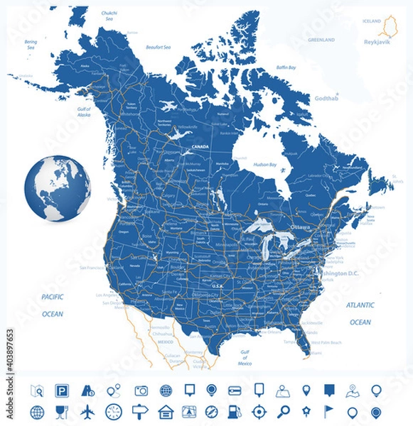 Obraz USA and Canada road map and navigation icons
