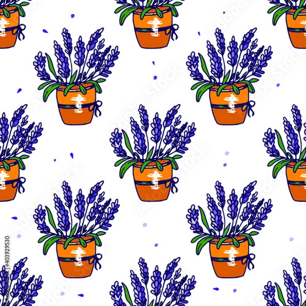 Fototapeta Lavender in a flowerpot vector seamless pattern. Floral seamless pattern with purple lavender flowers for prints, wallpapers, paper, cards and more