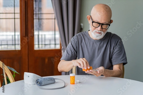 Obraz old man checking his medicine