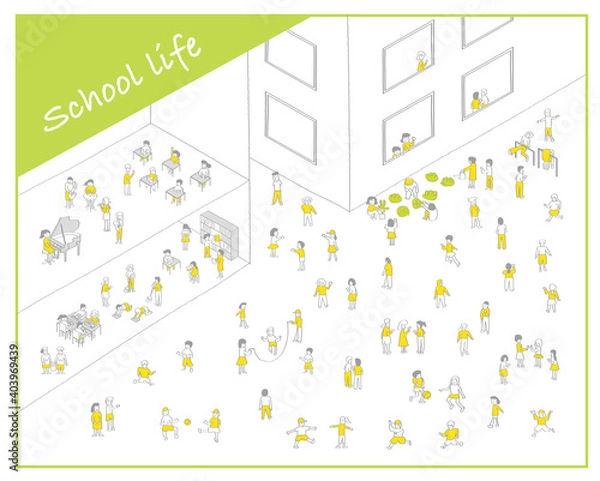 Obraz 学校生活／シンプルな線画手描きイラスト／校舎と運動場の風景／元気な子供達／黄色✖️グレー