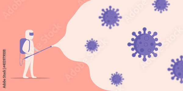 Fototapeta a boy doing virus disinfection on the table illustration with pastel color