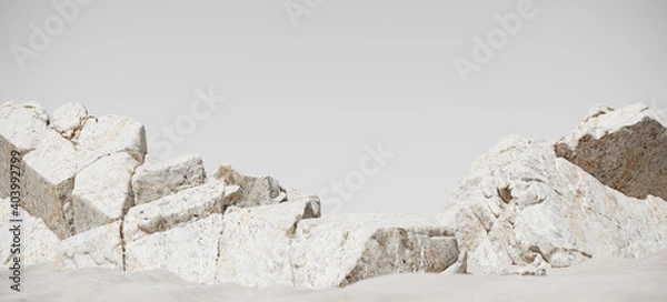 Fototapeta Minimal mockup background for product presentation. White stone podium on sand beach. 3d rendering illustration. Clipping path of each element included.