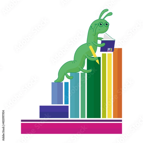 Fototapeta vector illustration of a smart bookworm. love of reading and books. a bright illustration for book lovers. The caterpillar reads the book and becomes smarter. he goes up the stairs.